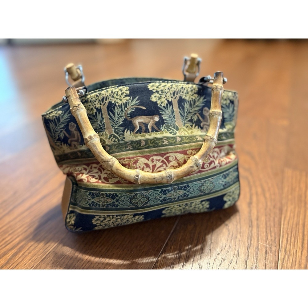 Relic Safari Handbag With Bamboo Handles Monkeys Leather Base And Accents Boho
